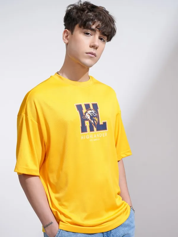 Highlander Men Yellow Printed Round Neck Oversized Fit T-Shirt