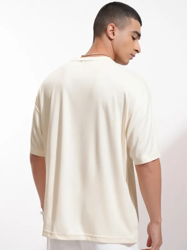 Highlander Men Cream Printed Round Neck Oversized Fit T-Shirt