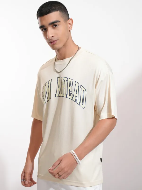 Highlander Men Cream Printed Round Neck Oversized Fit T-Shirt