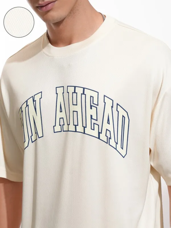 Highlander Men Cream Printed Round Neck Oversized Fit T-Shirt