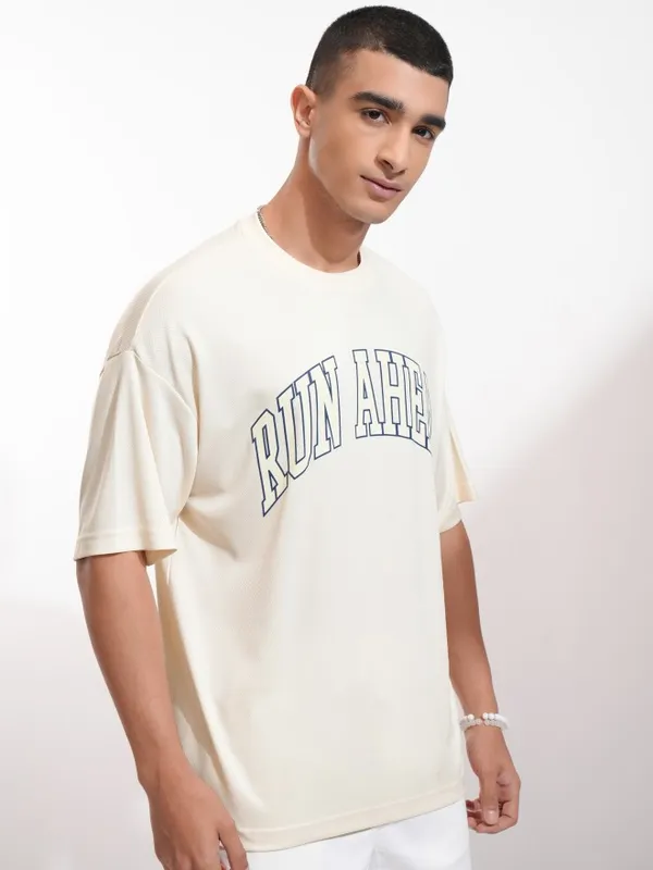 Highlander Men Cream Printed Round Neck Oversized Fit T-Shirt