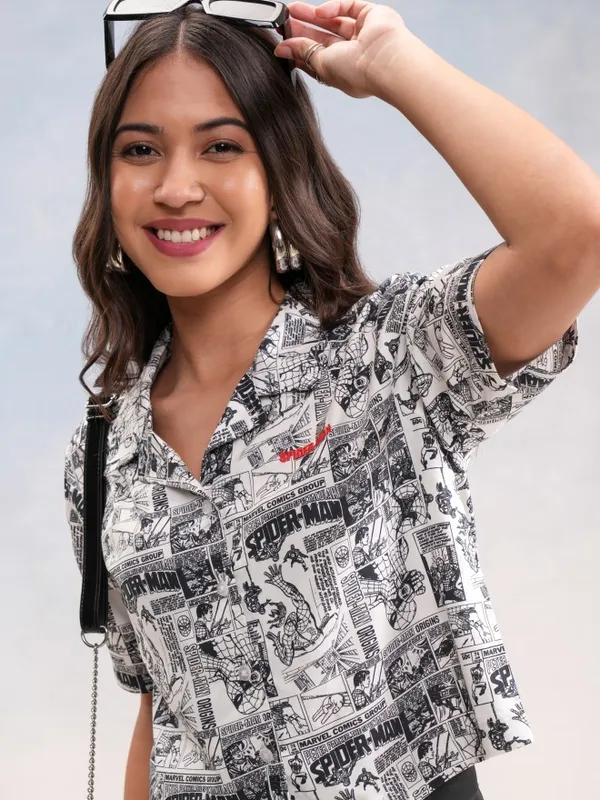 Marvel By Tokyo Talkies Women White Spider-Man Printed Casual Shirt