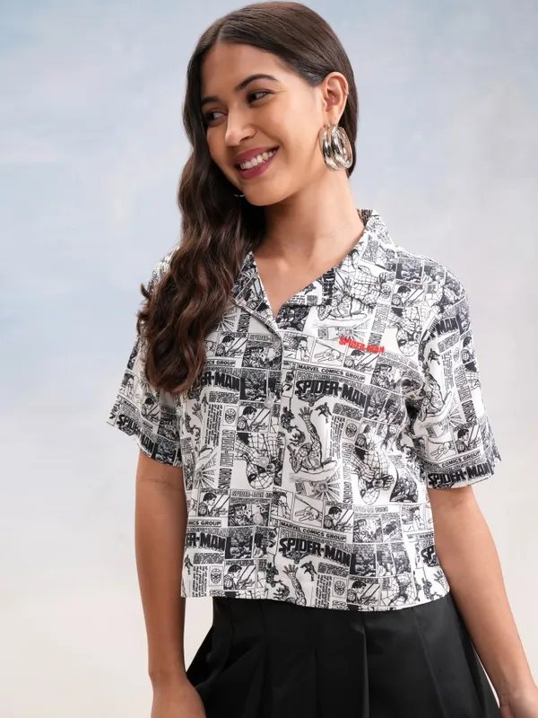 Marvel By Tokyo Talkies Women White Spider-Man Printed Casual Shirt