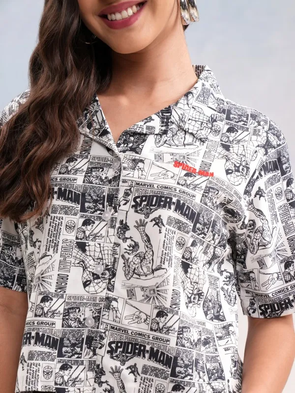 Marvel By Tokyo Talkies Women White Spider-Man Printed Casual Shirt