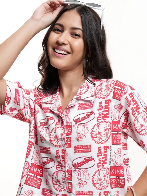 Disney By Tokyo Talkies Women White Lion King Simba Printed Boxy Fit Casual Shirt