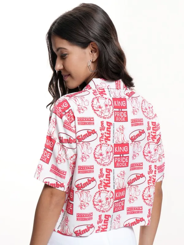Disney By Tokyo Talkies Women White Lion King Simba Printed Boxy Fit Casual Shirt