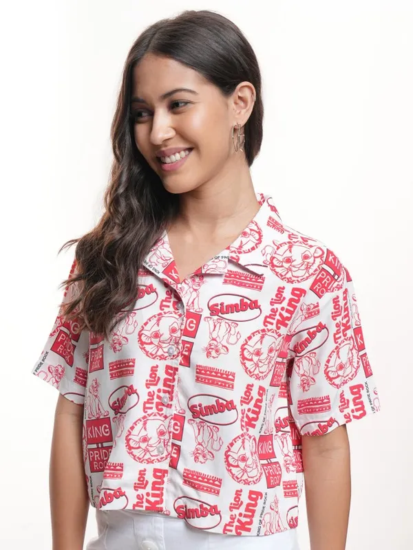 Disney By Tokyo Talkies Women White Lion King Simba Printed Boxy Fit Casual Shirt
