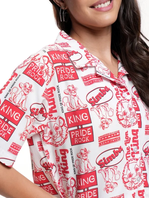 Disney By Tokyo Talkies Women White Lion King Simba Printed Boxy Fit Casual Shirt