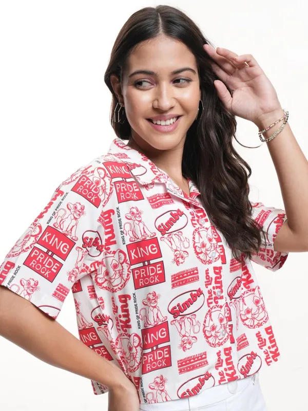 Disney By Tokyo Talkies Women White Lion King Simba Printed Boxy Fit Casual Shirt