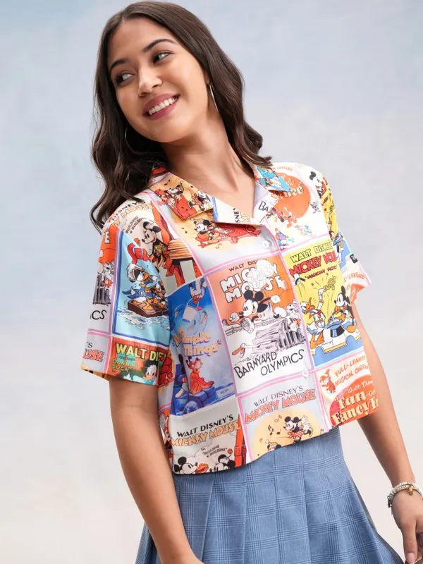 Mickey And Friends Women Printed Boxy Fit Casual Shirt
