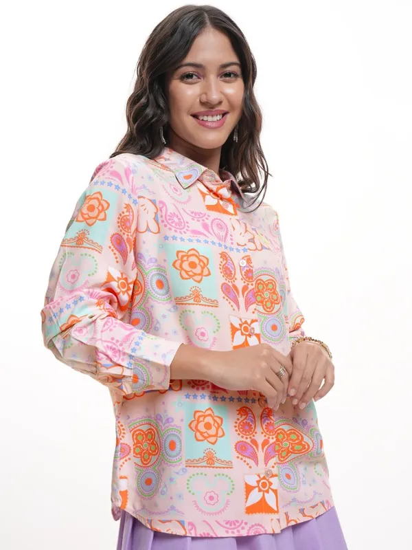 Disney By Tokyo Talkies Women Peach Mickey Mouse Printed Casual Shirt
