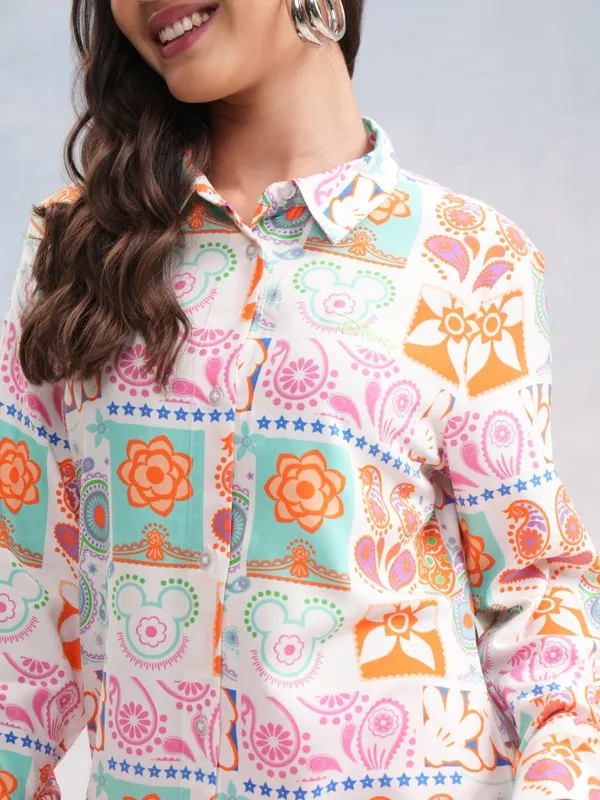 Disney By Tokyo Talkies Women White Mickey Mouse Printed Casual Shirt