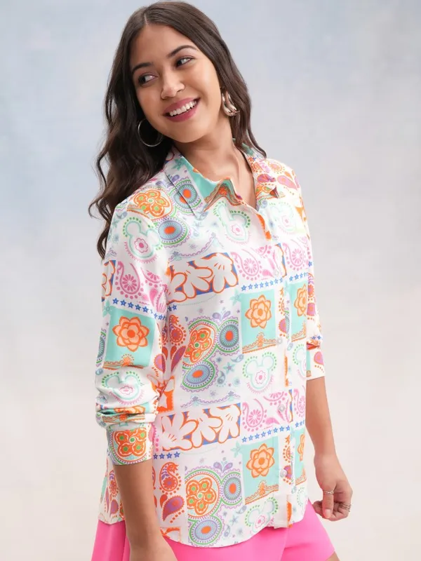 Disney By Tokyo Talkies Women White Mickey Mouse Printed Casual Shirt