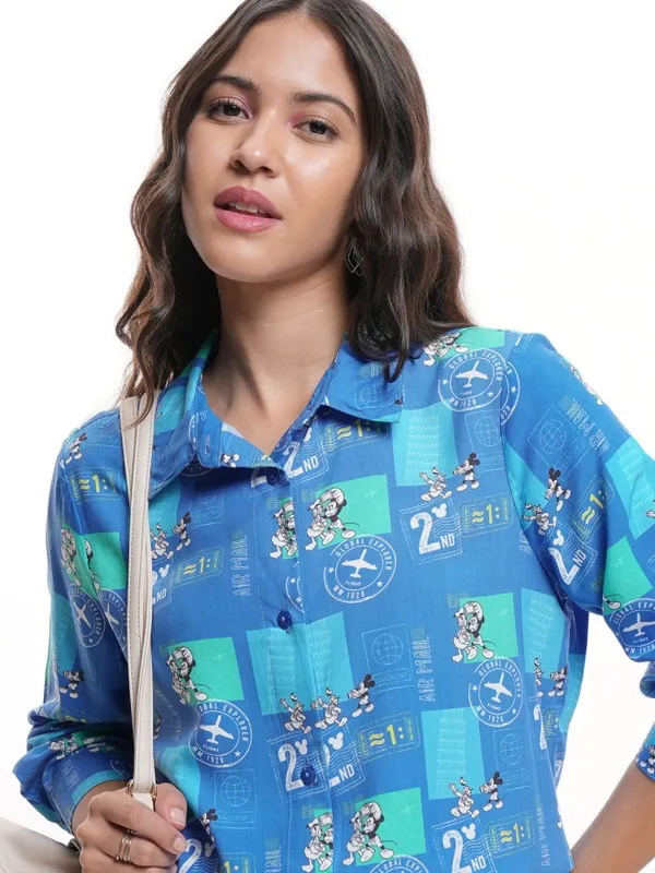 Disney By Tokyo Talkies Women Blue Mickey Mouse Printed Casual Shirt