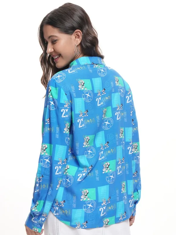 Disney By Tokyo Talkies Women Blue Mickey Mouse Printed Casual Shirt
