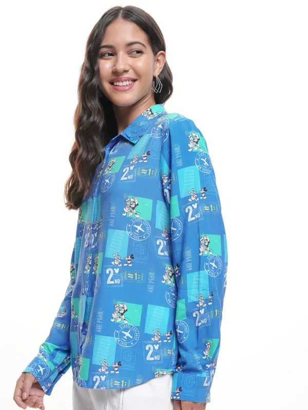 Disney By Tokyo Talkies Women Blue Mickey Mouse Printed Casual Shirt