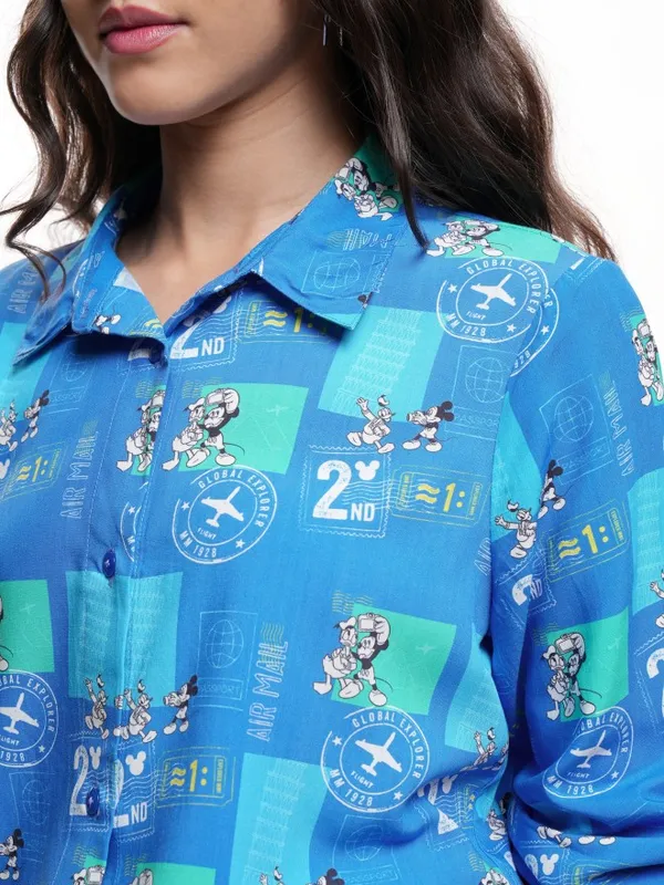 Disney By Tokyo Talkies Women Blue Mickey Mouse Printed Casual Shirt