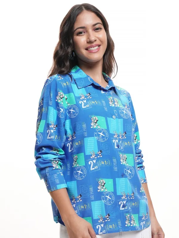Disney By Tokyo Talkies Women Blue Mickey Mouse Printed Casual Shirt