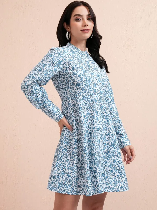 Tokyo Talkies Women Blue Printed A-Line Dress