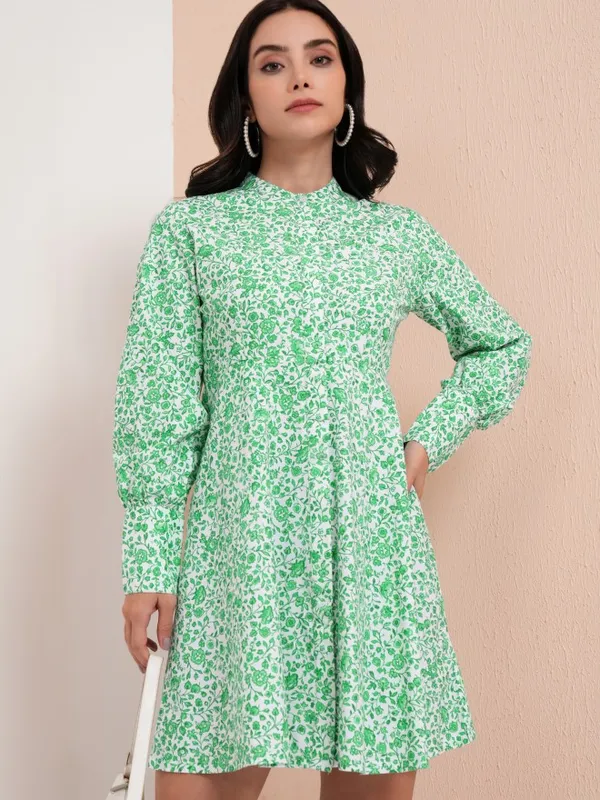 Tokyo Talkies Women Green Printed A-Line Dress