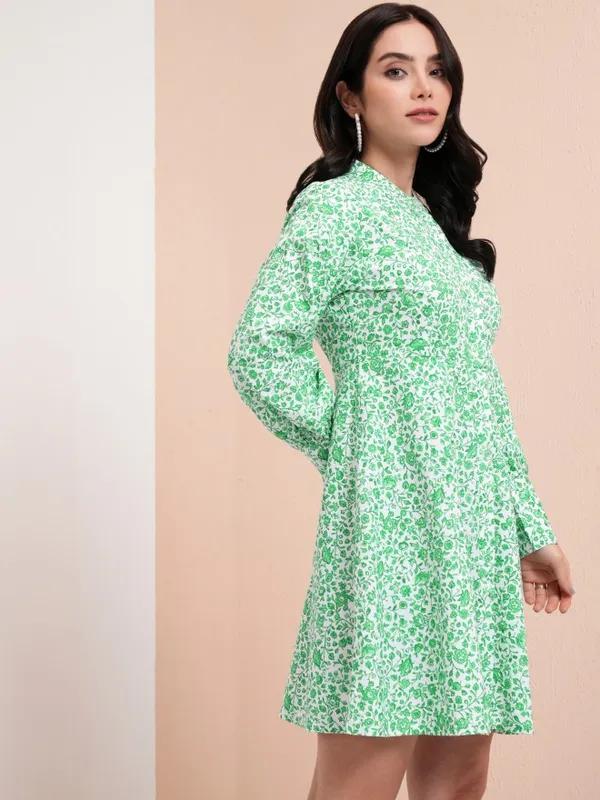 Tokyo Talkies Women Green Printed A-Line Dress