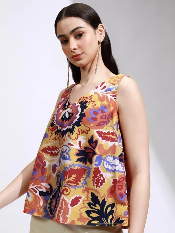 Tokyo Talkies Women Mustard Printed Regular Top