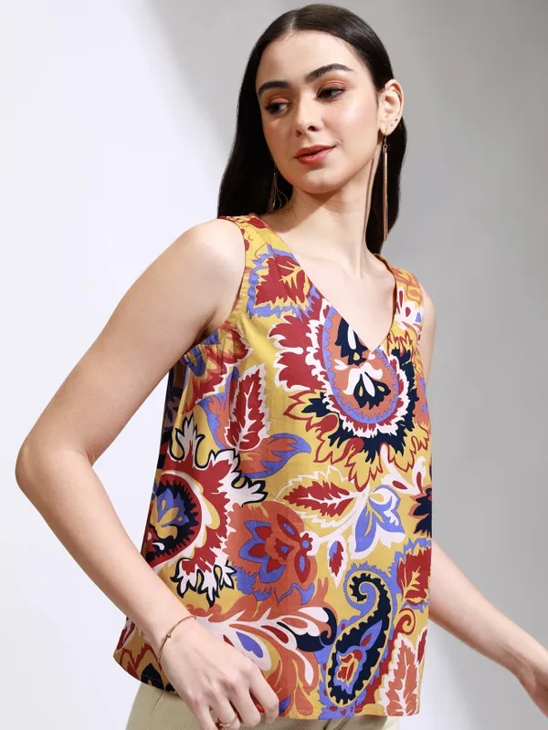 Tokyo Talkies Women Mustard Printed Regular Top