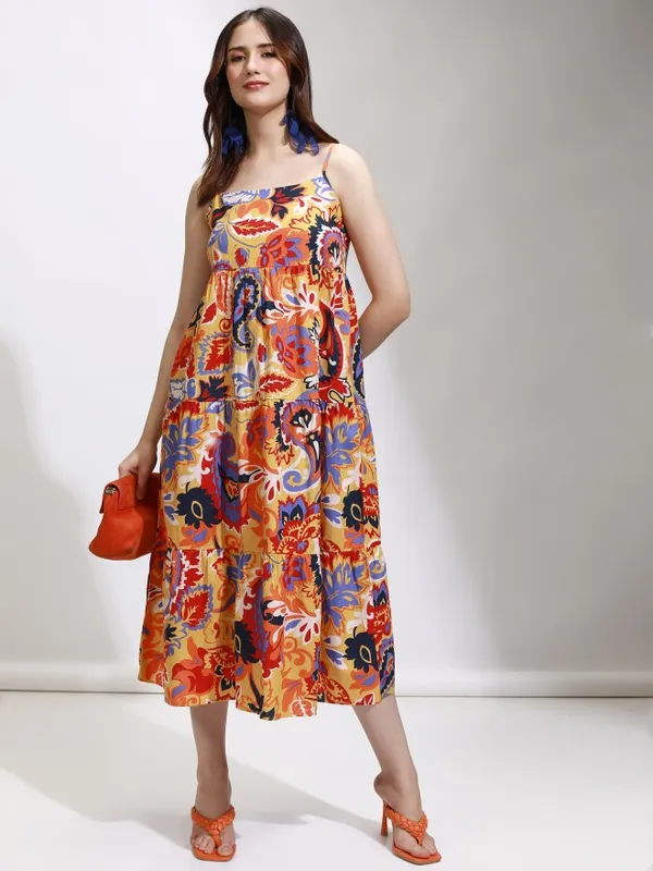 Tokyo Talkies Women Mustard Printed Fit And Flare Dress