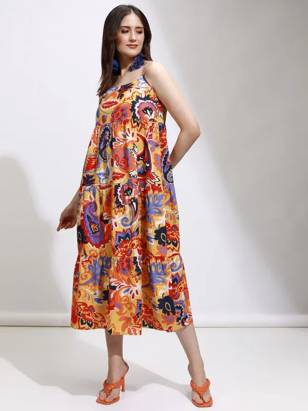 Tokyo Talkies Women Mustard Printed Fit And Flare Dress