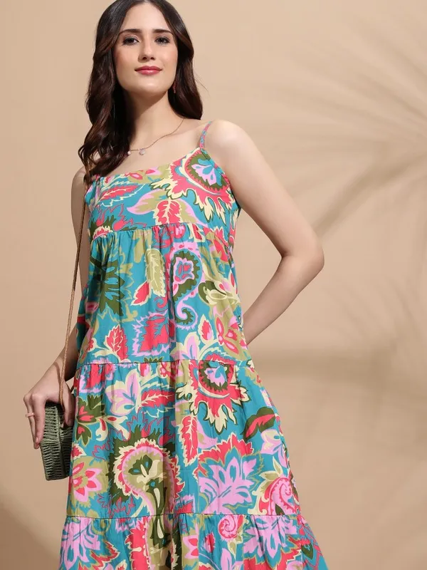 Tokyo Talkies Women Teal Printed Fit And Flare Dress