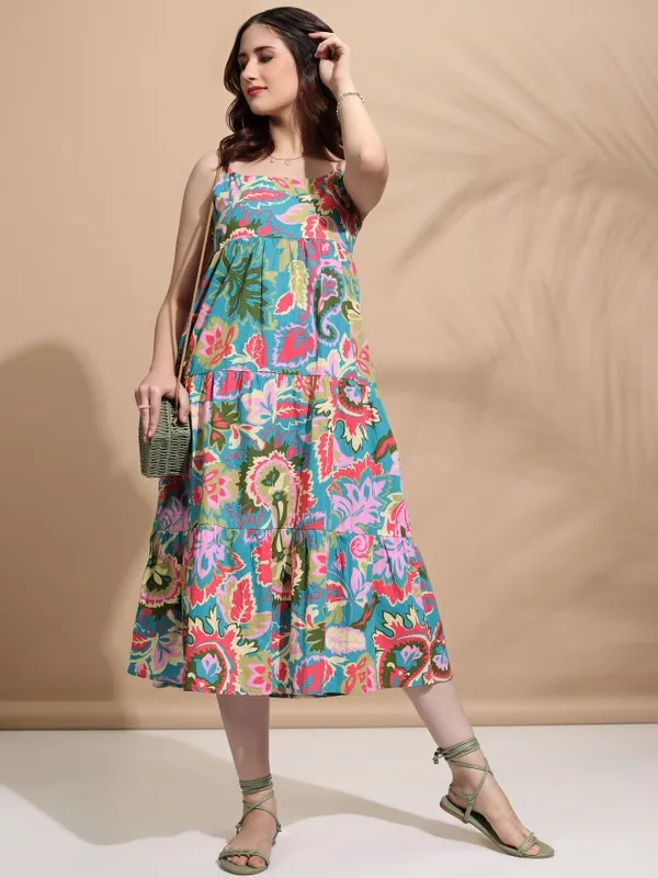 Tokyo Talkies Women Teal Printed Fit And Flare Dress
