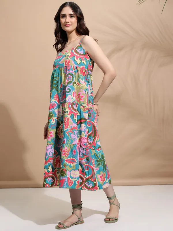 Tokyo Talkies Women Teal Printed Fit And Flare Dress
