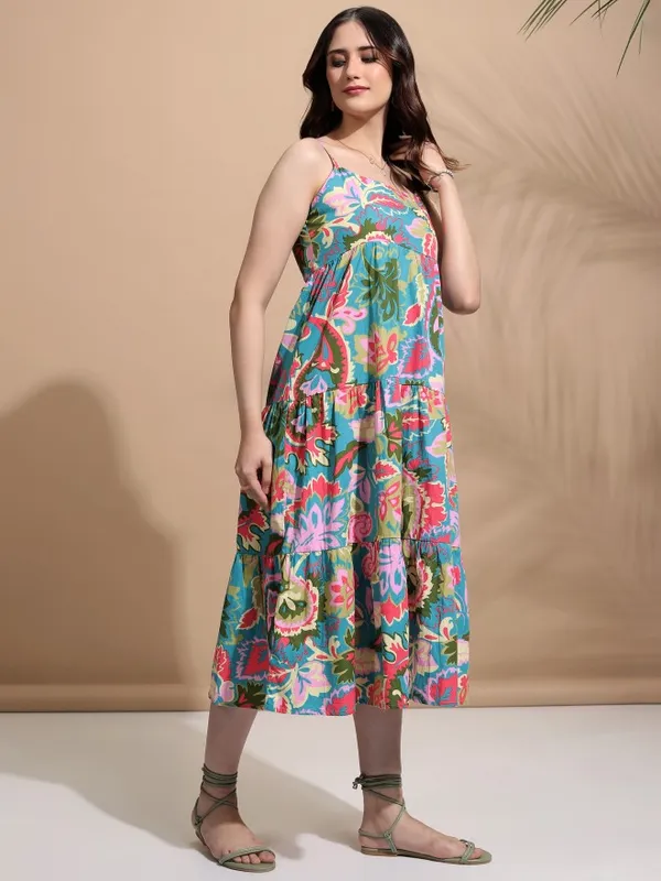 Tokyo Talkies Women Teal Printed Fit And Flare Dress