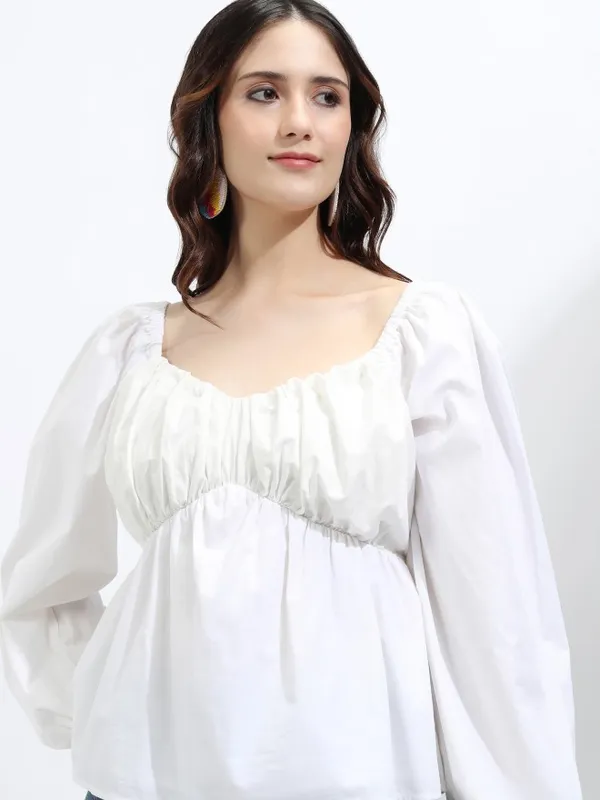 Tokyo Talkies Women Off White Solid Peplum Top