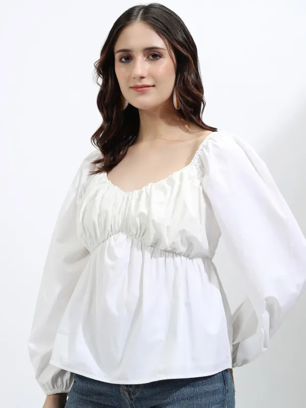 Tokyo Talkies Women Off White Solid Peplum Top