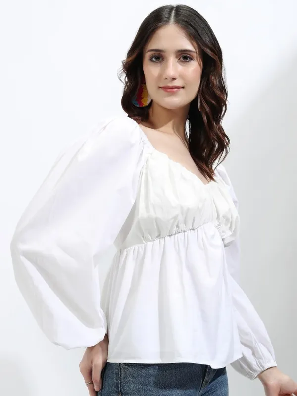 Tokyo Talkies Women Off White Solid Peplum Top