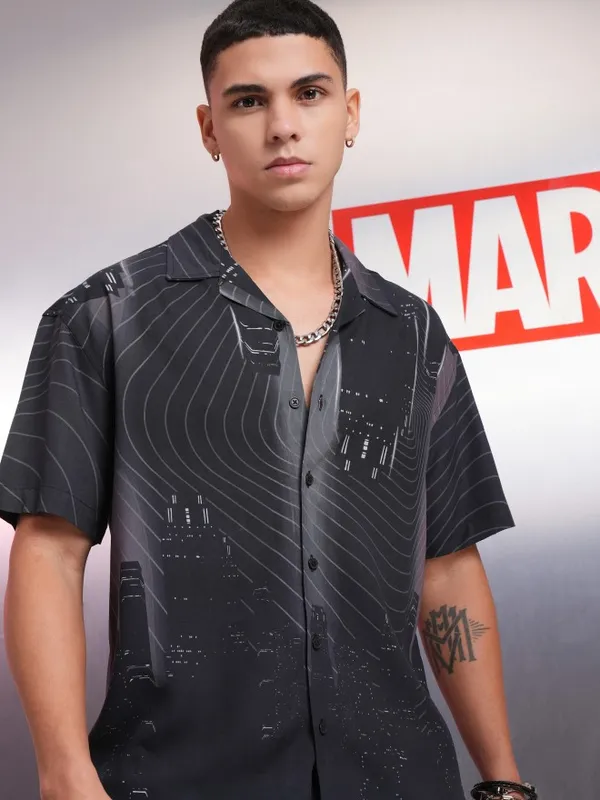 Marvel By Highlander Men Charcoal Spider-Man Printed Relaxed Fit Casual Shirt