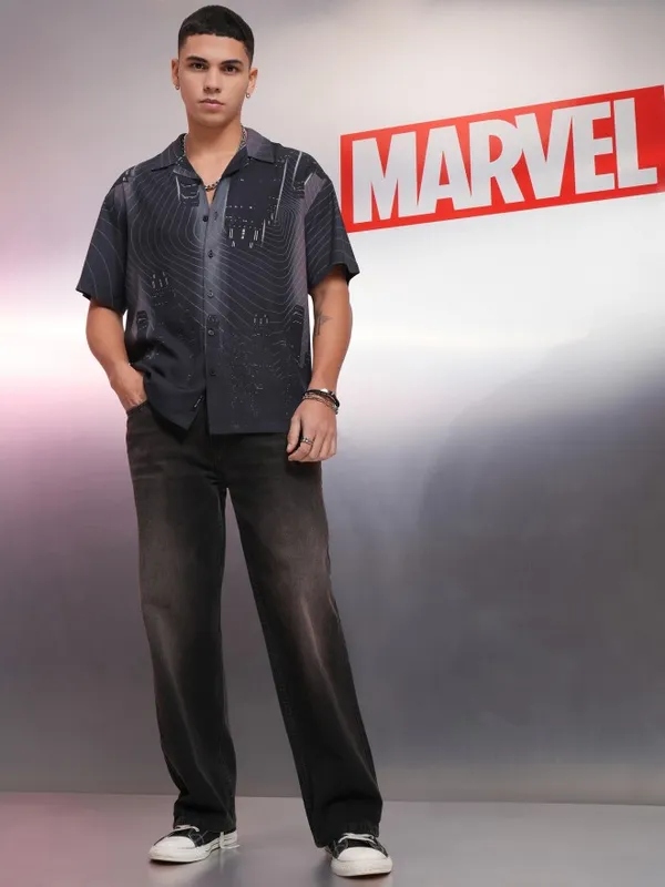 Marvel By Highlander Men Charcoal Spider-Man Printed Relaxed Fit Casual Shirt