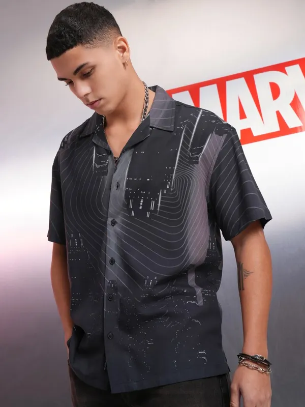 Marvel By Highlander Men Charcoal Spider-Man Printed Relaxed Fit Casual Shirt