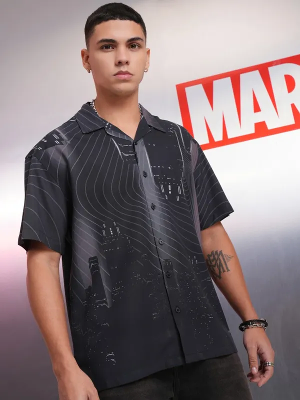 Marvel By Highlander Men Charcoal Spider-Man Printed Relaxed Fit Casual Shirt