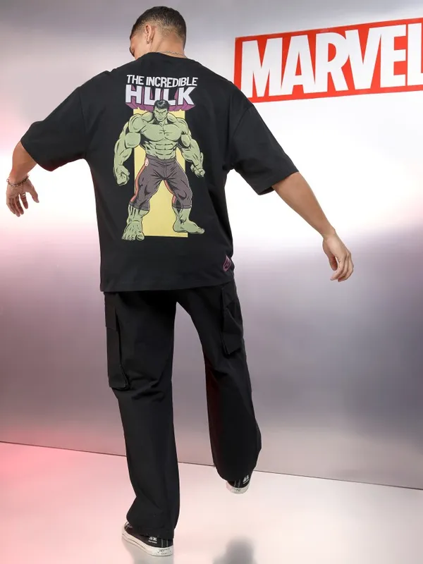 Marvel By Highlander Men Black Hulk Printed Round Neck Oversized Fit T-Shirt