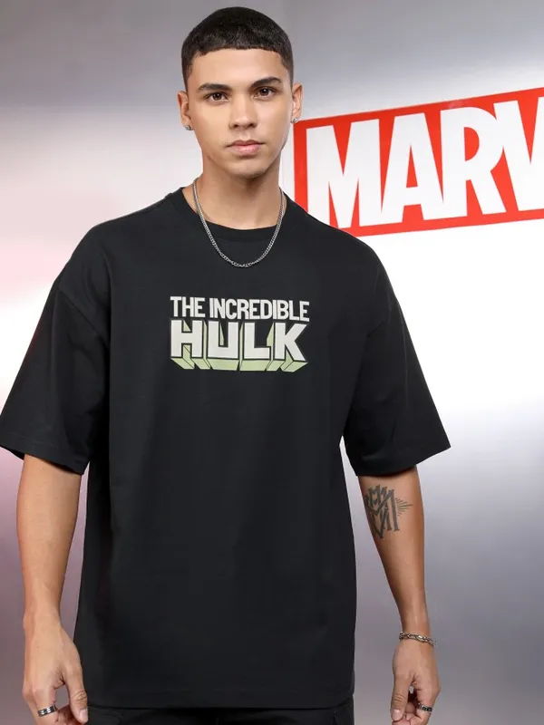 Marvel By Highlander Men Black Hulk Printed Round Neck Oversized Fit T-Shirt