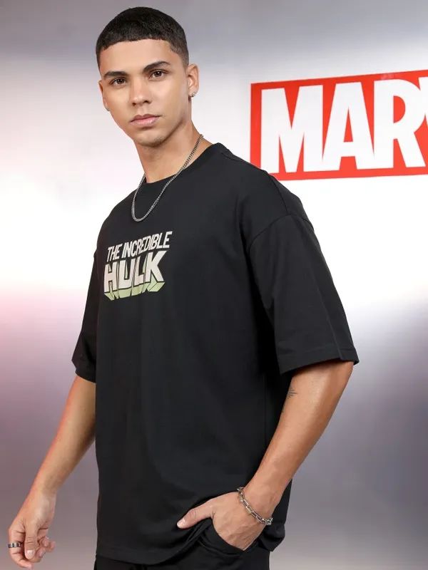 Marvel By Highlander Men Black Hulk Printed Round Neck Oversized Fit T-Shirt