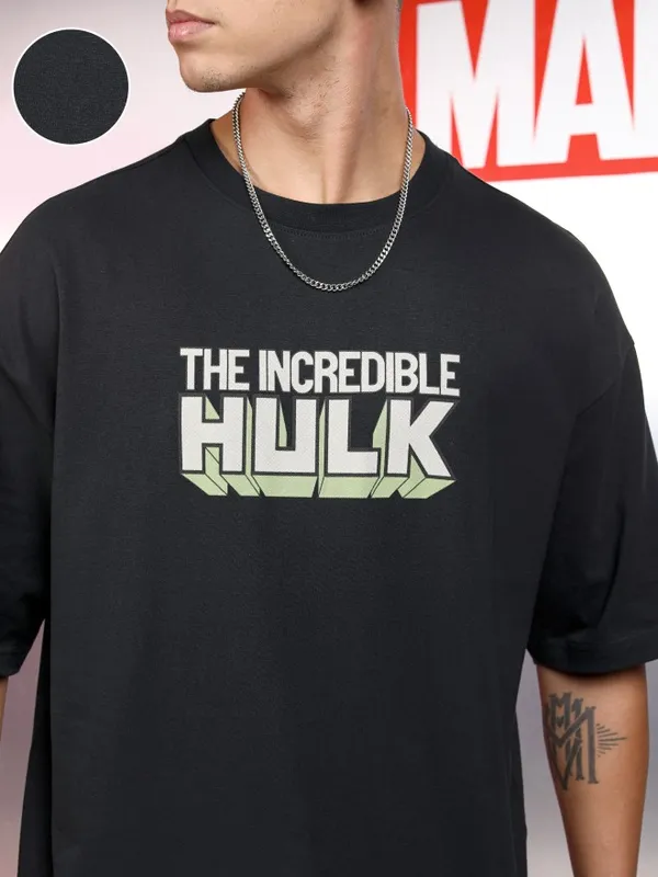 Marvel By Highlander Men Black Hulk Printed Round Neck Oversized Fit T-Shirt
