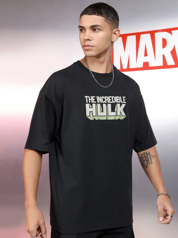 Marvel By Highlander Men Black Hulk Printed Round Neck Oversized Fit T-Shirt
