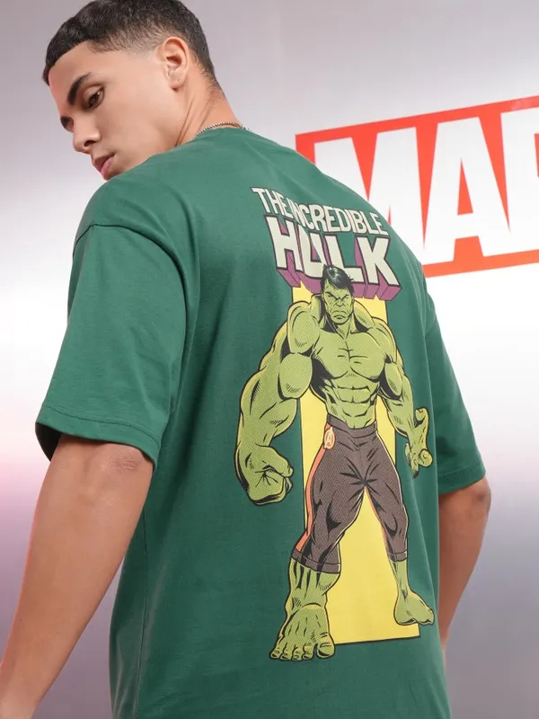 Marvel By Highlander Men Green Hulk Printed Oversized Fit T-Shirt