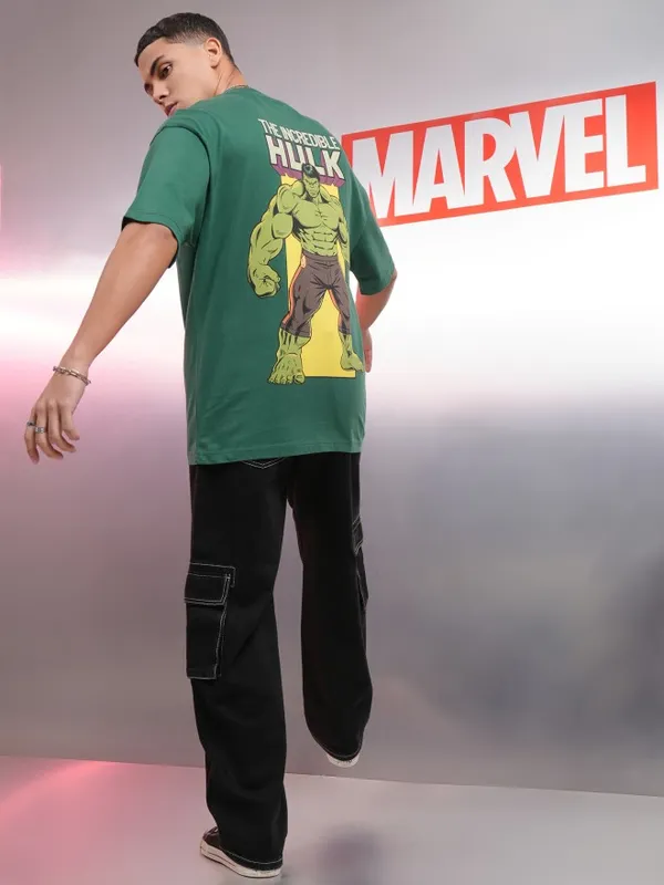 Marvel By Highlander Men Green Hulk Printed Oversized Fit T-Shirt