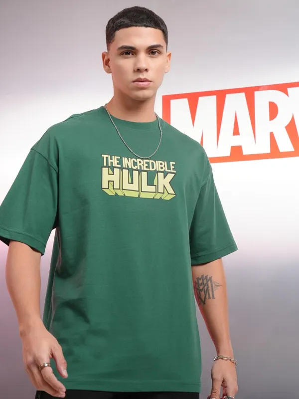 Marvel By Highlander Men Green Hulk Printed Oversized Fit T-Shirt