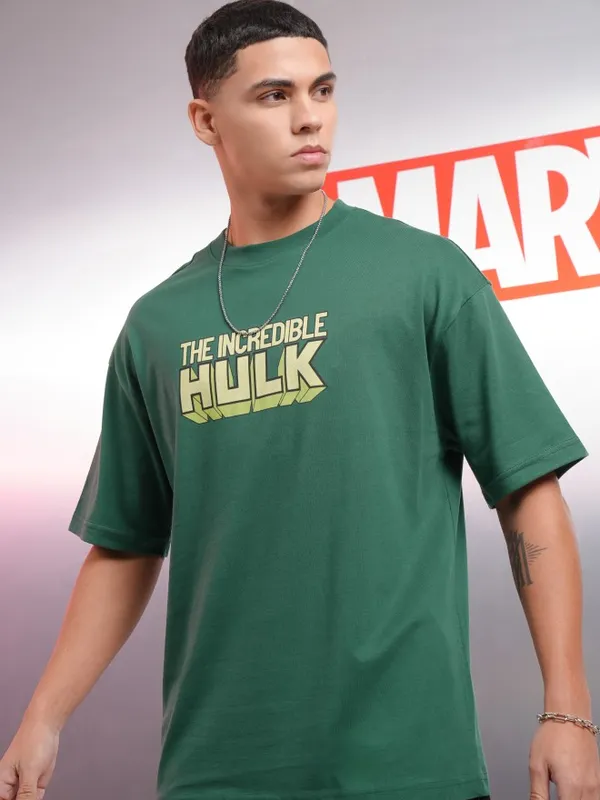 Marvel By Highlander Men Green Hulk Printed Oversized Fit T-Shirt