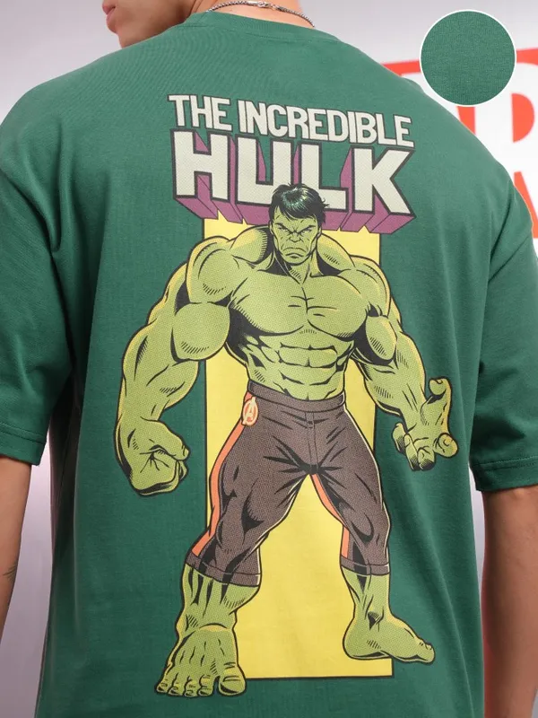 Marvel By Highlander Men Green Hulk Printed Oversized Fit T-Shirt